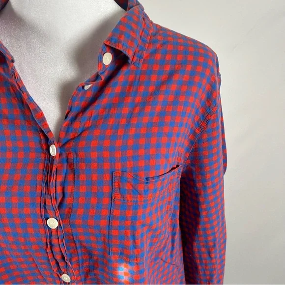 J Crew Red Blue Gingham Button Down Top Size XL - Picture 2 of 5
